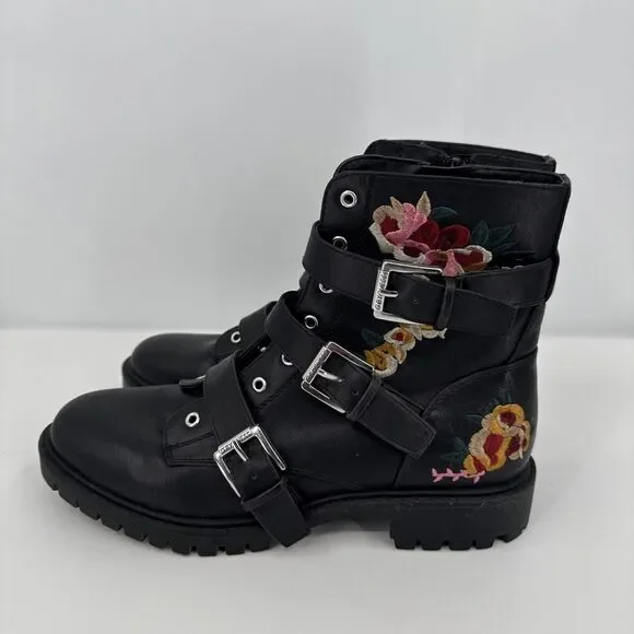 G By Guess Womens Ankle Booties Embroidered W Flowers Black Buckle Size 8M - Picture 4 of 9